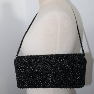 Chanel Black Crystal Beaded Faux Pearl CC Flap Shoulder Bag
